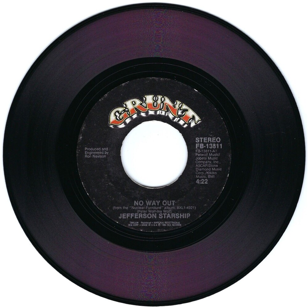Jefferson Starship ‎45 No Way Out / Rose Goes To Yale on Grunt VG+ Rock '84